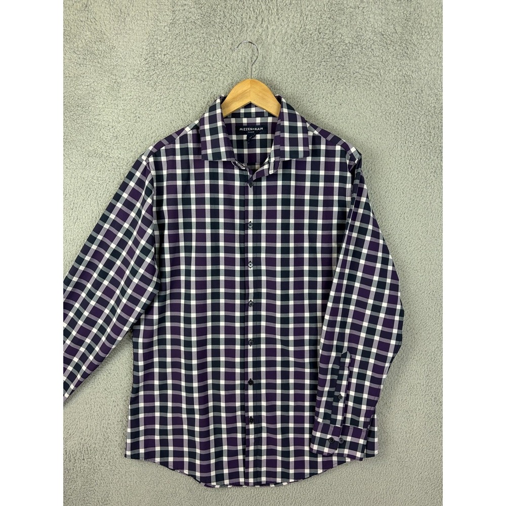 Mizzen+Main Leeward Shirt Mens Large Purple Check Trim Fit Stretch Dress Mens